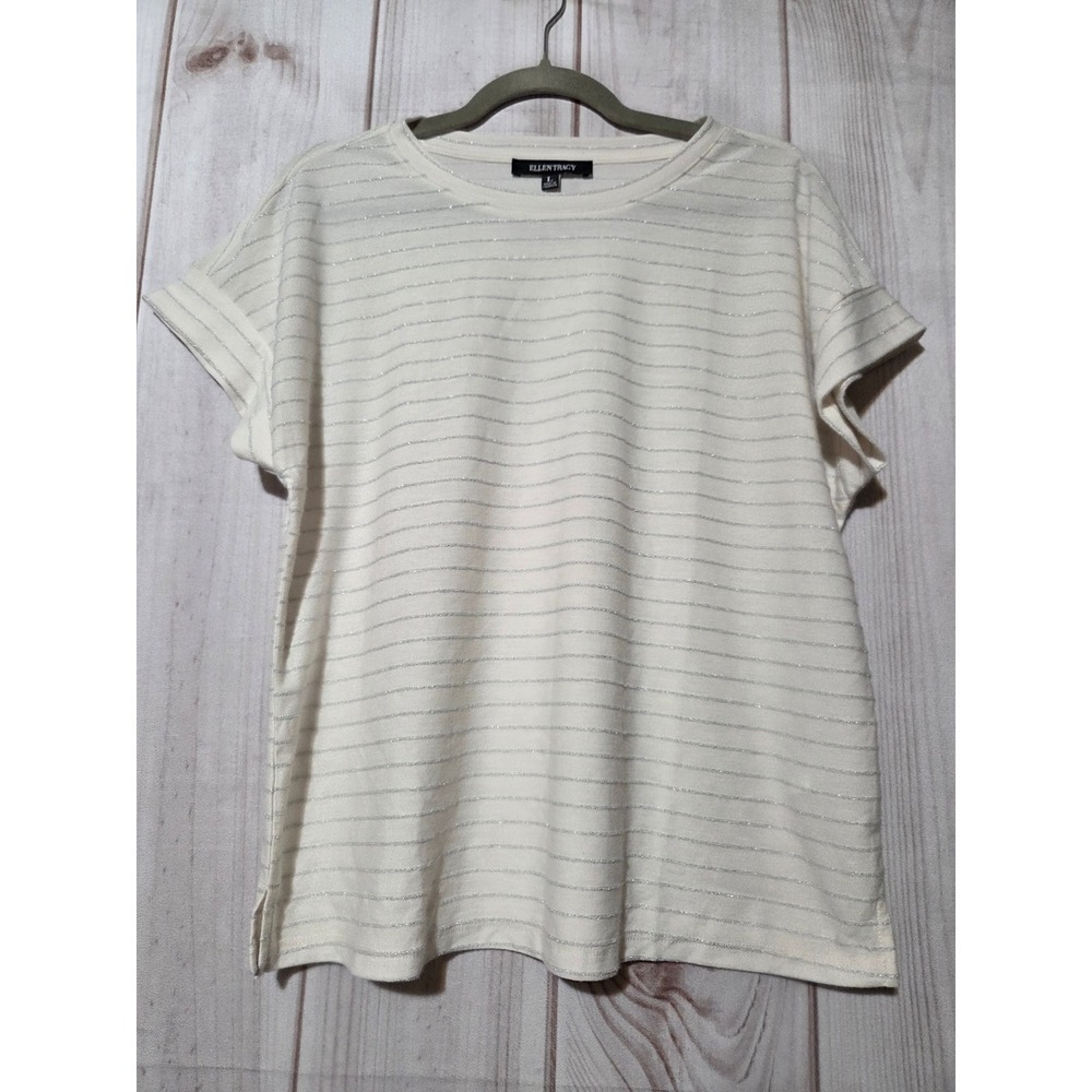 Ellen Tracy Womens Large Cream Silver Metallic Striped Cuffed Cap Sleeve Top